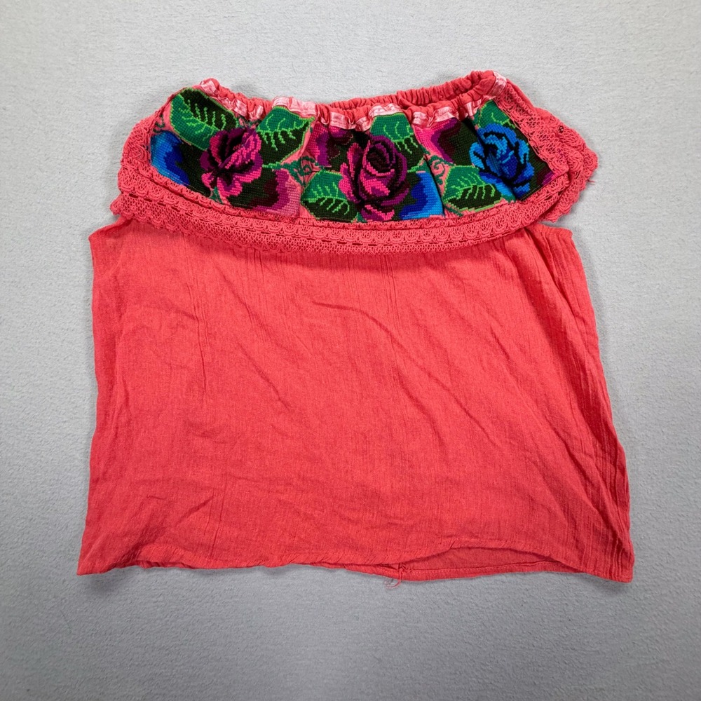 Handmade Floral Embroidered Blouse Womens M Good‎ Pink Boho Off Shoulder Crochet